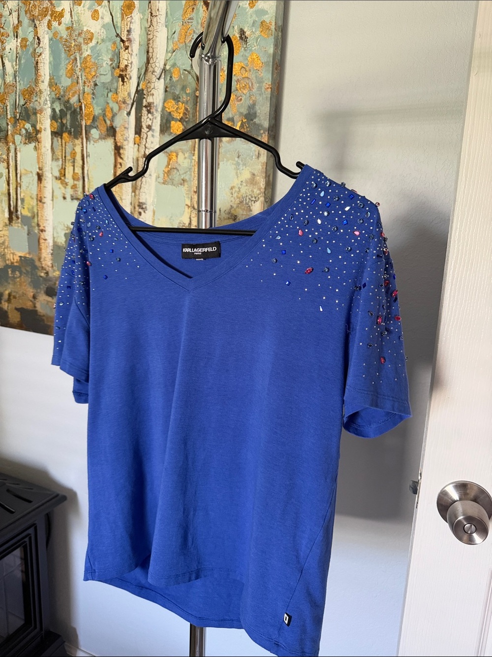 Karl Lagerfeld Cobalt Blue V-Neck Tee with Beaded Shoulder Accents